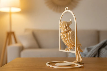 Maquette en bois d’un perroquet suspendu dans un anneau, posée sur une table dans un salon lumineux.