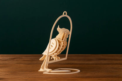 Maquette en bois d’un perroquet dans un anneau, posée sur une table en bois, fond vert foncé.