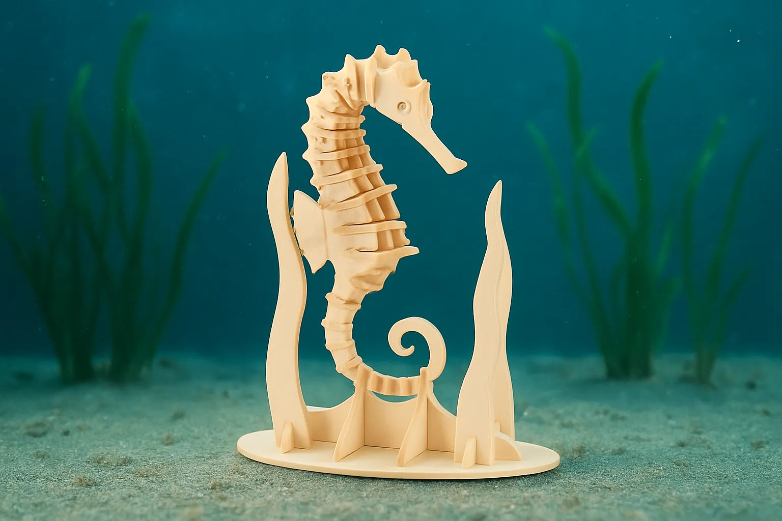 Maquette en bois d’un hippocampe entourée d’algues, placée dans un décor marin imitant le fond de l’océan.