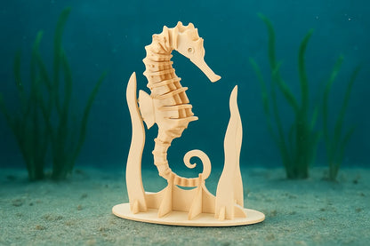 Maquette en bois d’un hippocampe entourée d’algues, placée dans un décor marin imitant le fond de l’océan.