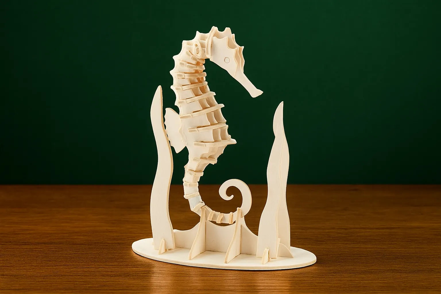 Maquette en bois représentant un hippocampe montée sur un socle avec deux algues stylisées, posée sur une table en bois devant un fond vert.