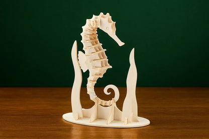 Maquette en bois représentant un hippocampe montée sur un socle avec deux algues stylisées, posée sur une table en bois devant un fond vert.