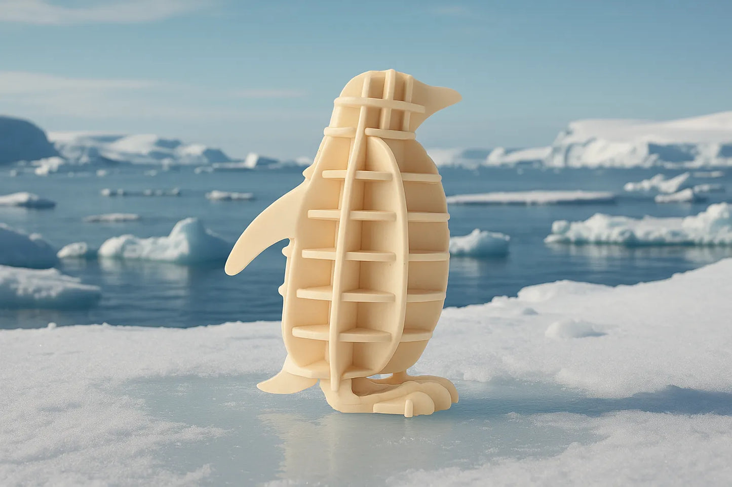 Maquette en bois d’un manchot posée sur la glace, avec des icebergs et la mer en arrière-plan.