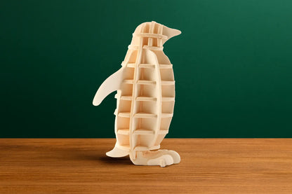 Maquette en bois représentant un manchot, placée sur une table en bois devant un fond vert foncé.