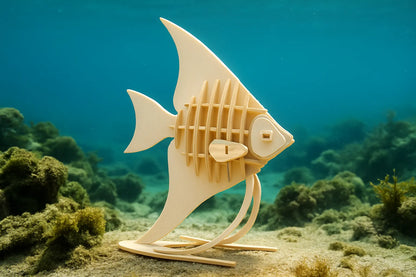 Maquette en bois d’un poisson immergée dans un décor marin simulé, avec fond bleu et algues.