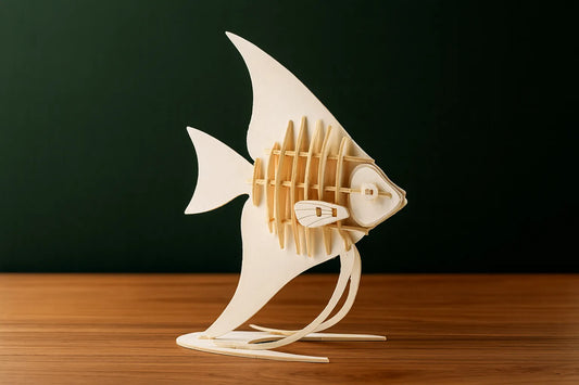 Maquette en bois d’un poisson exposée sur une table en bois avec un fond vert foncé.