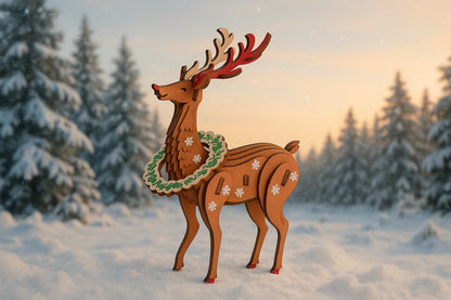 Maquette en bois colorée représentant un renne de Noël décoré de flocons et d’une couronne, posée sur une table en bois.