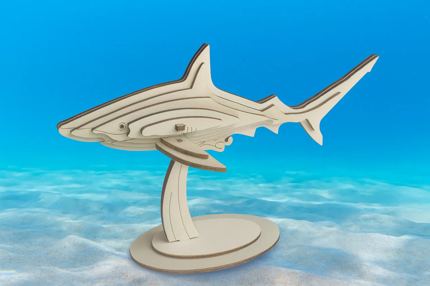 Maquette en bois d’un requin placée sur un support, dans un décor marin bleu sous l’eau.
