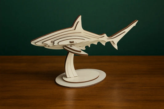 Maquette en bois représentant un requin, posée sur une table en bois devant un fond vert.