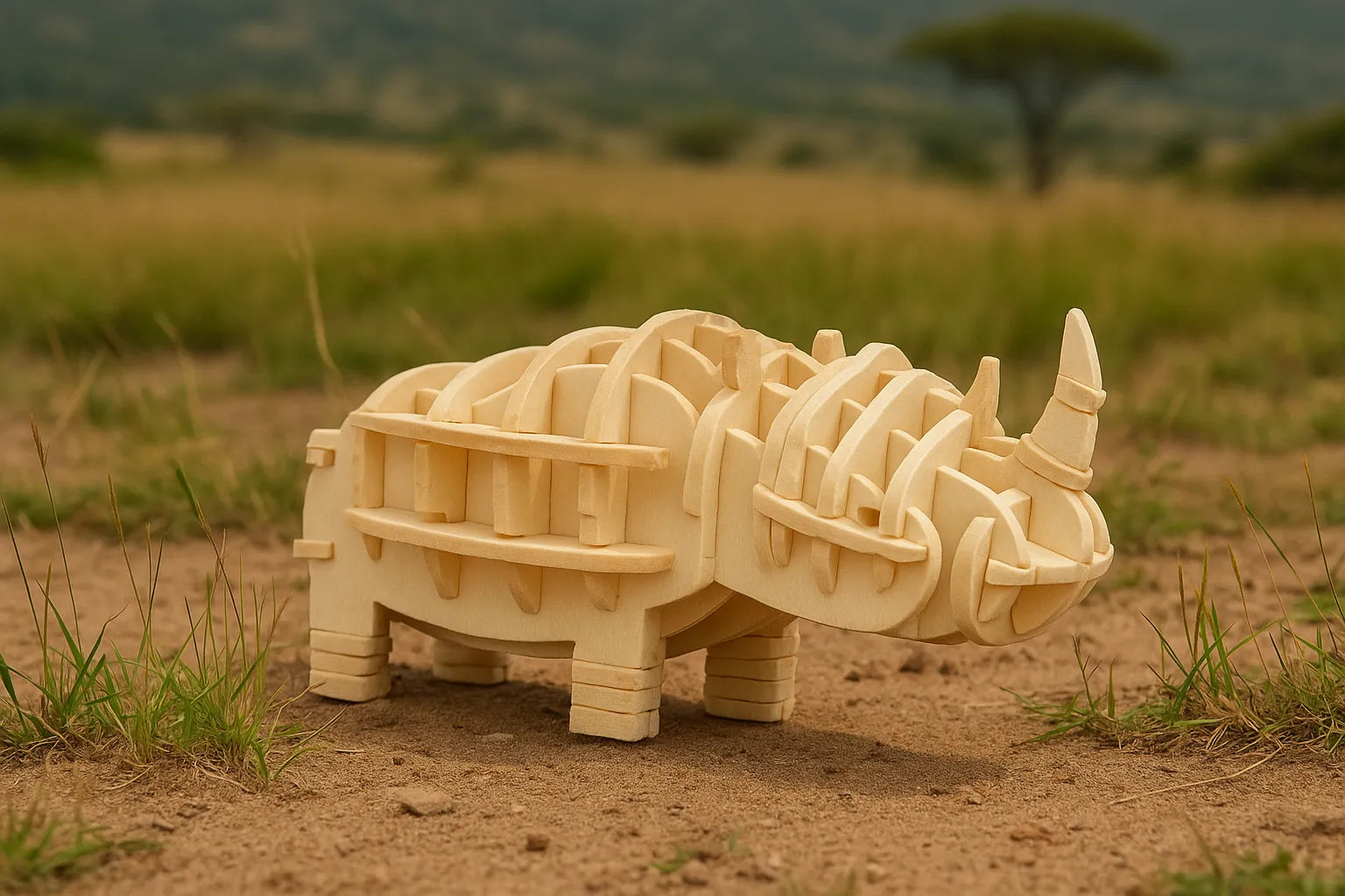 Maquette en bois d’un rhinocéros, photographiée en extérieur sur un sol sablonneux, avec un paysage de savane en arrière-plan.