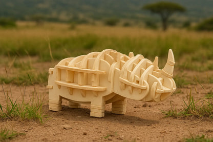 Maquette en bois d’un rhinocéros, photographiée en extérieur sur un sol sablonneux, avec un paysage de savane en arrière-plan.
