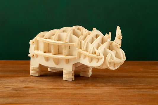 Maquette en bois d’un rhinocéros, posée sur une table en bois devant un fond vert.
