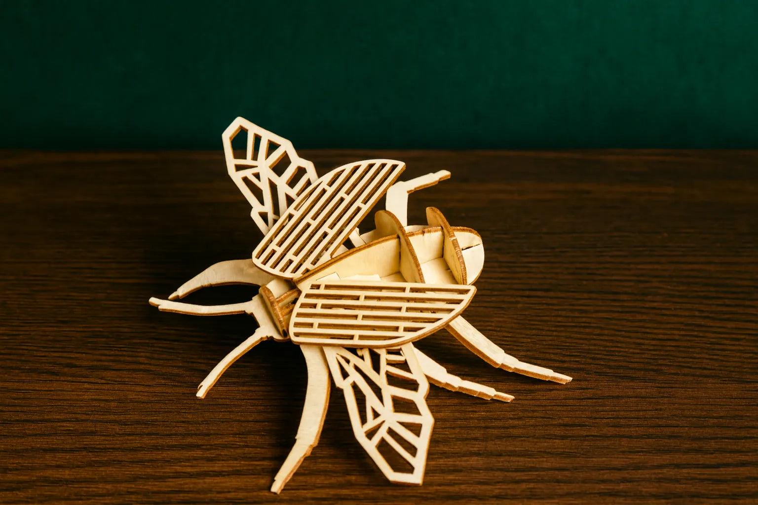 Maquette en bois d’un scarabée posée sur une table en bois, fond vert foncé.