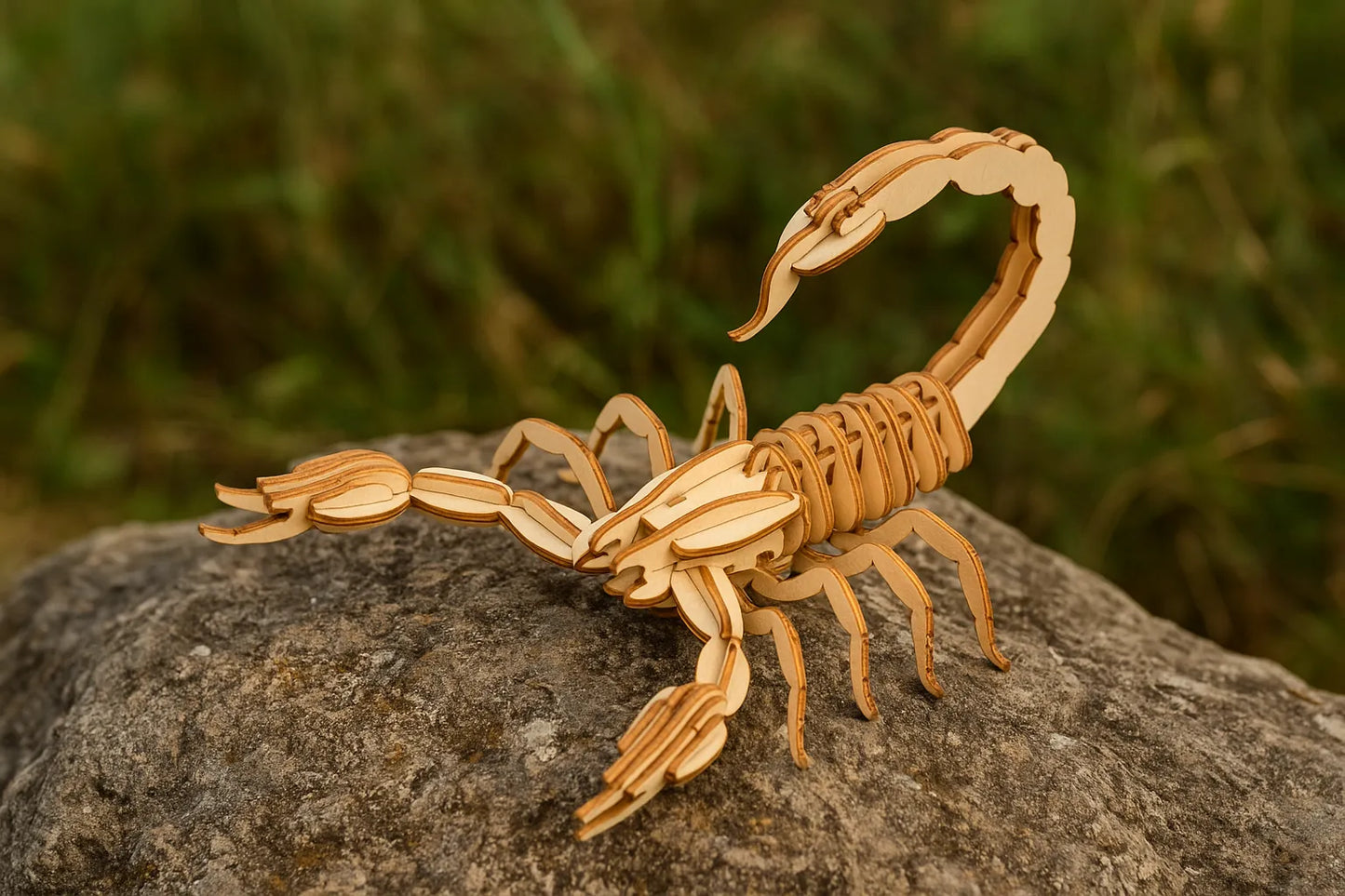 Maquette en bois de scorpion placée sur une pierre en extérieur, dans un environnement naturel.