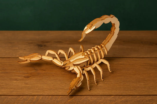 Maquette en bois de scorpion posée sur une table en bois, fond vert foncé.