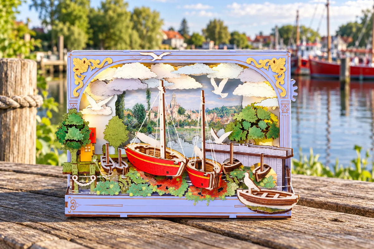 Maquette en bois - Le tableau lumineux aux voiliers rouges