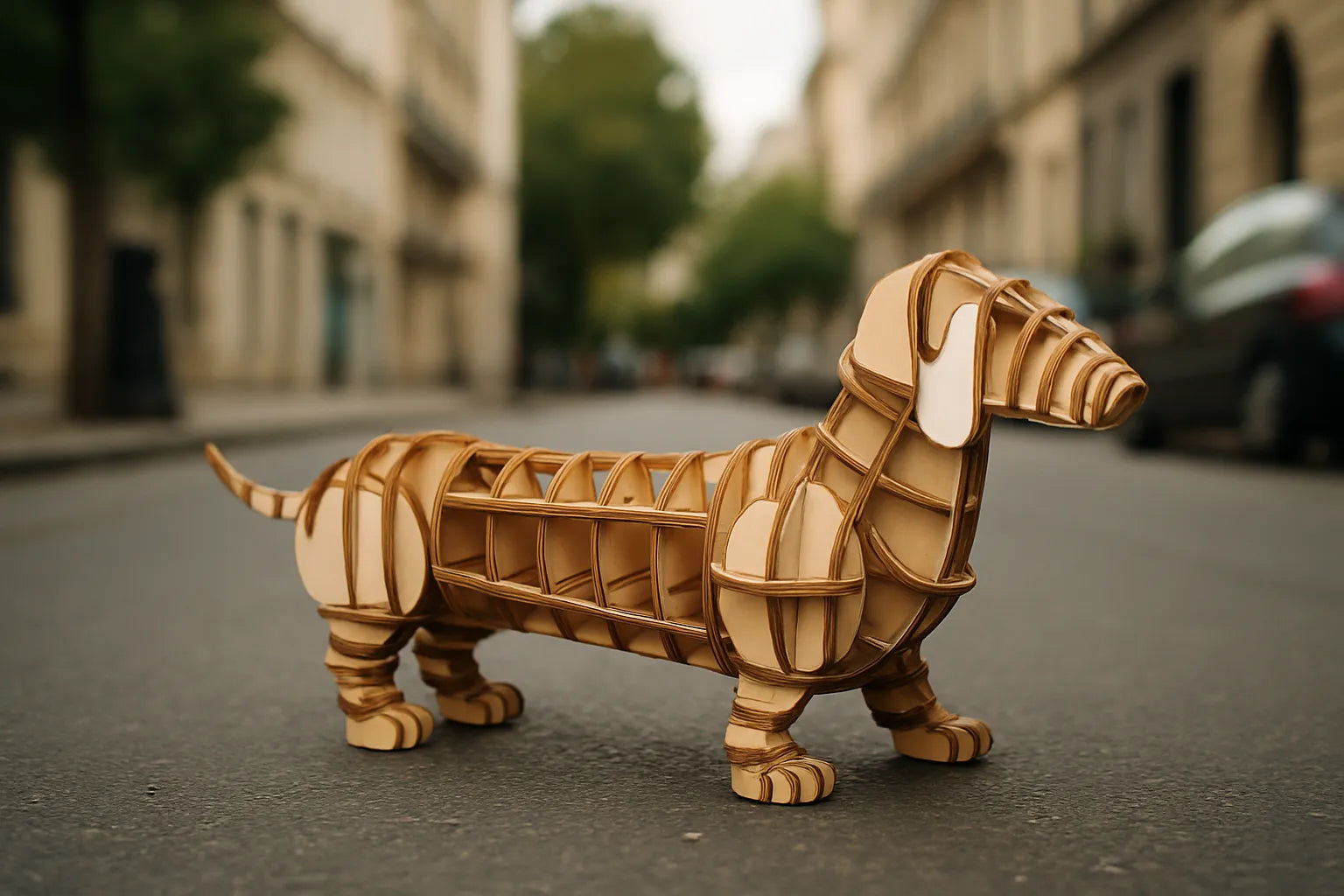 Maquette en bois d’un teckel, posée sur une rue urbaine floutée en arrière-plan.