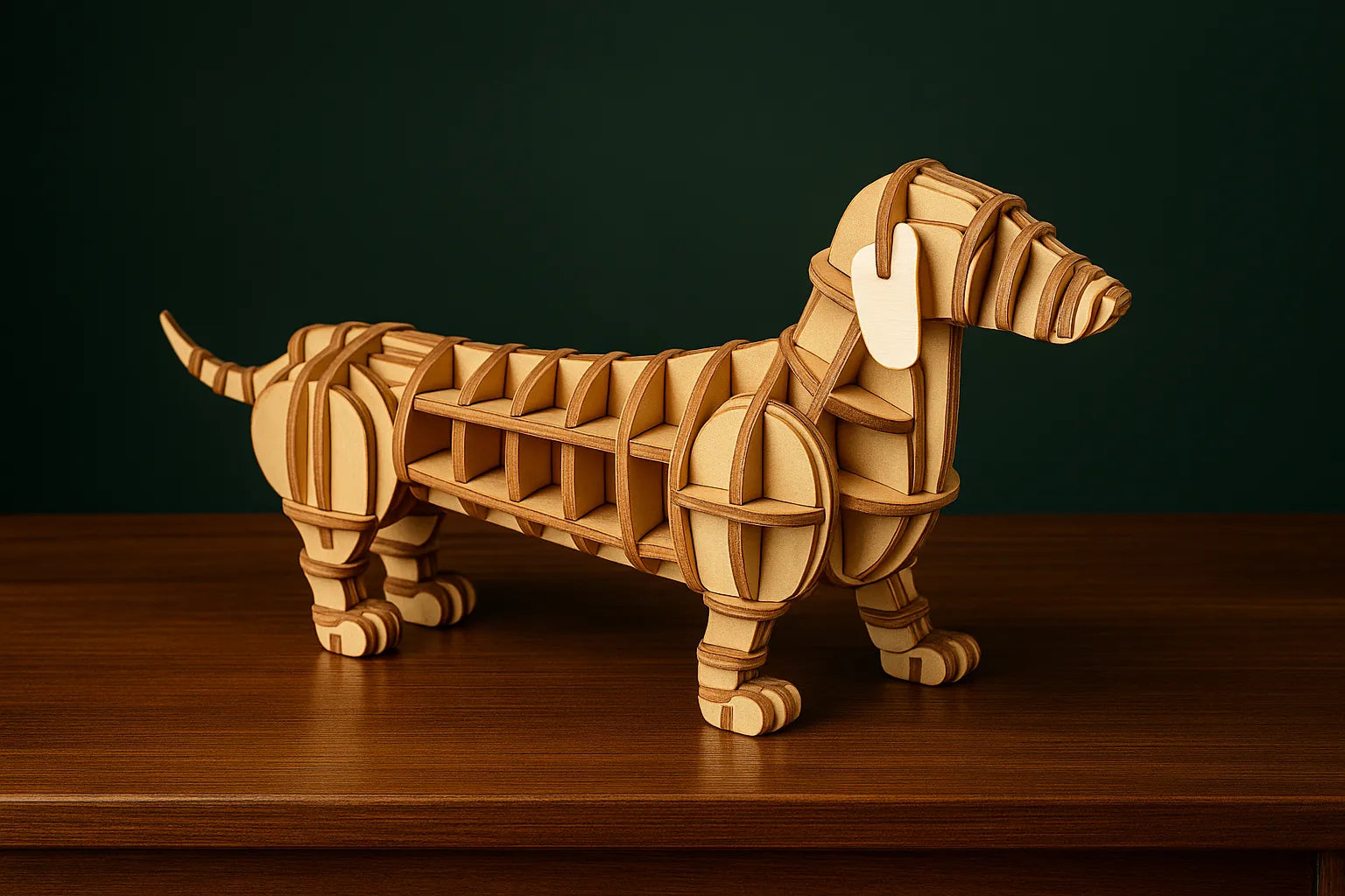 Maquette en bois d’un teckel posée sur une table en bois devant un fond vert.