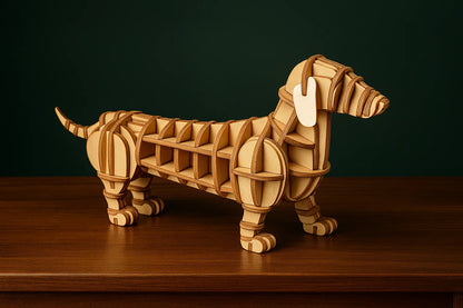 Maquette en bois d’un teckel posée sur une table en bois devant un fond vert.