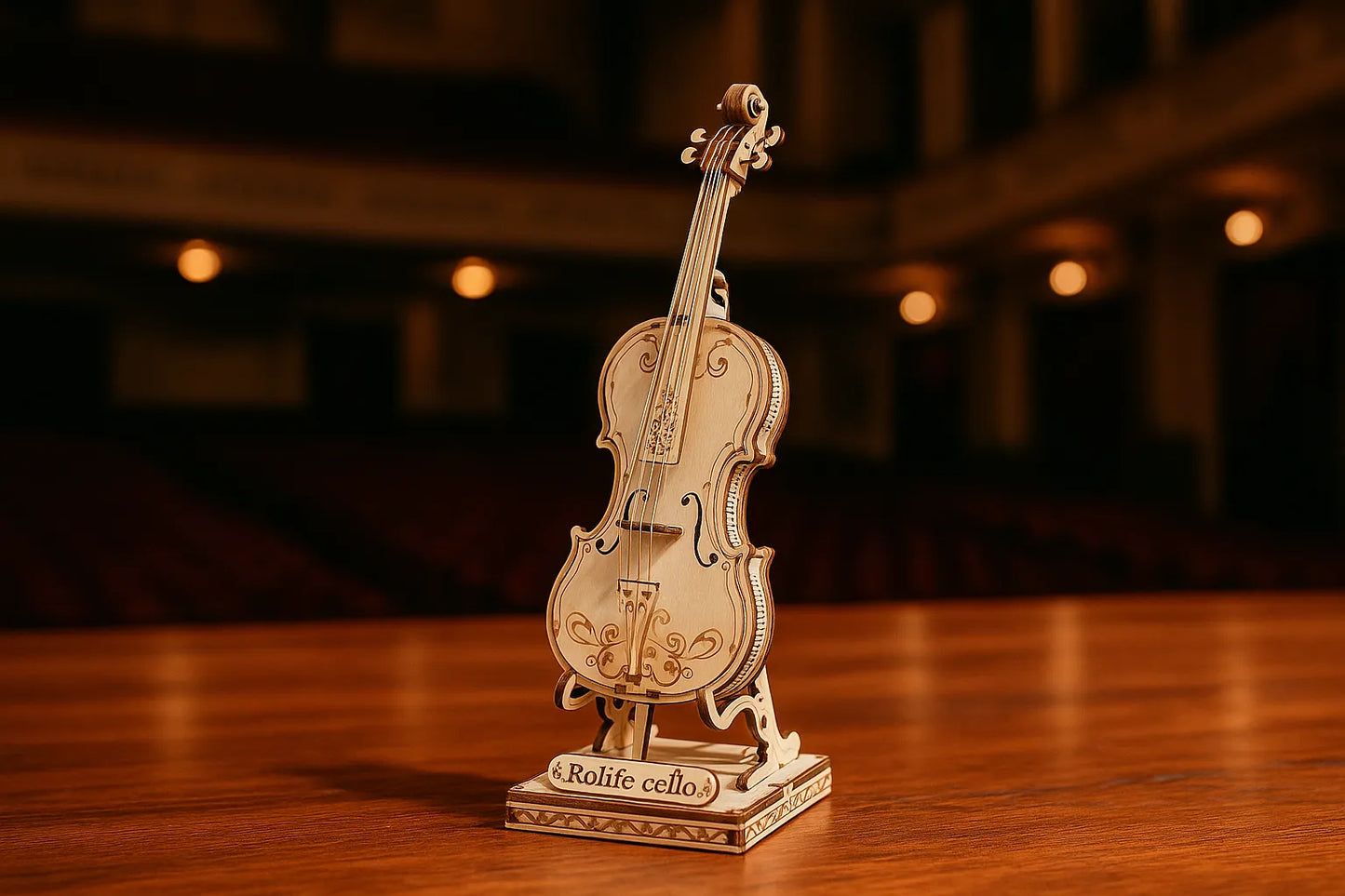 Maquette en bois de violon posée sur une scène en bois avec un fond de salle de concert éclairée.