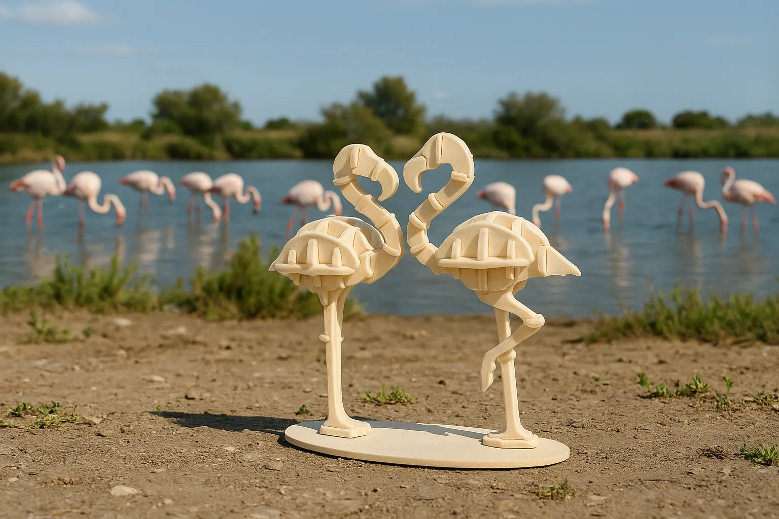 Maquette en bois représentant deux flamants roses se faisant face, posée au bord d’un plan d’eau avec de vrais flamants roses en arrière-plan.