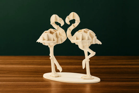 Maquette en bois de deux flamants roses stylisés, placée sur une table en bois devant un fond vert foncé.