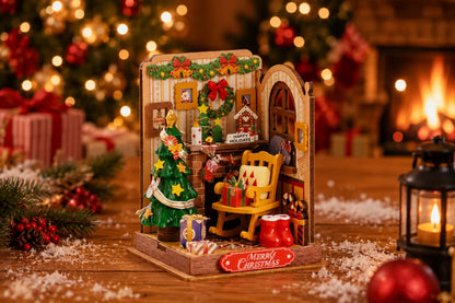 Maquette en bois - Maison à thème, feu de cheminée de Noël