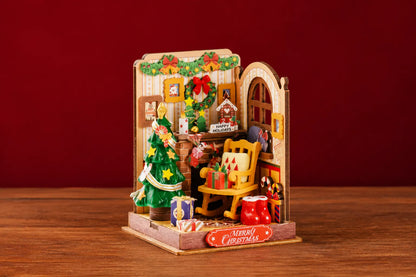 Maquette en bois - Maison à thème, feu de cheminée de Noël