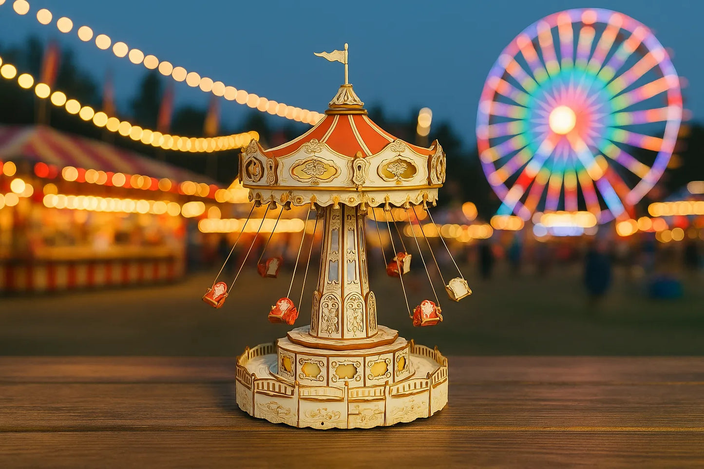 Maquette en bois d’un manège de chaises volantes rouges posée sur une table en bois devant une fête foraine éclairée.