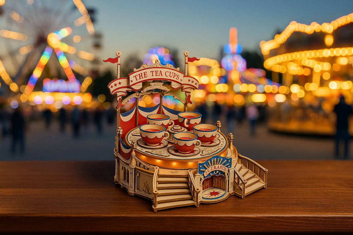 Maquette en bois d’un manège de tasses tournantes colorées posée sur une table en bois avec des lumières de fête en arrière-plan.