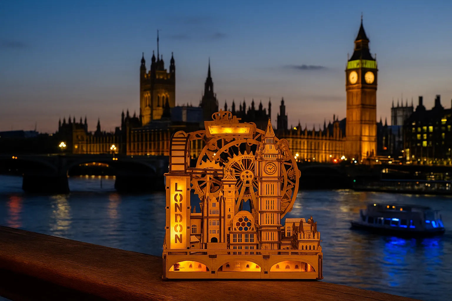 Maquette en bois illuminée représentant les monuments de Londres, posée sur une rambarde au bord de la Tamise avec Big Ben et le Palais de Westminster en arrière-plan au crépuscule.
