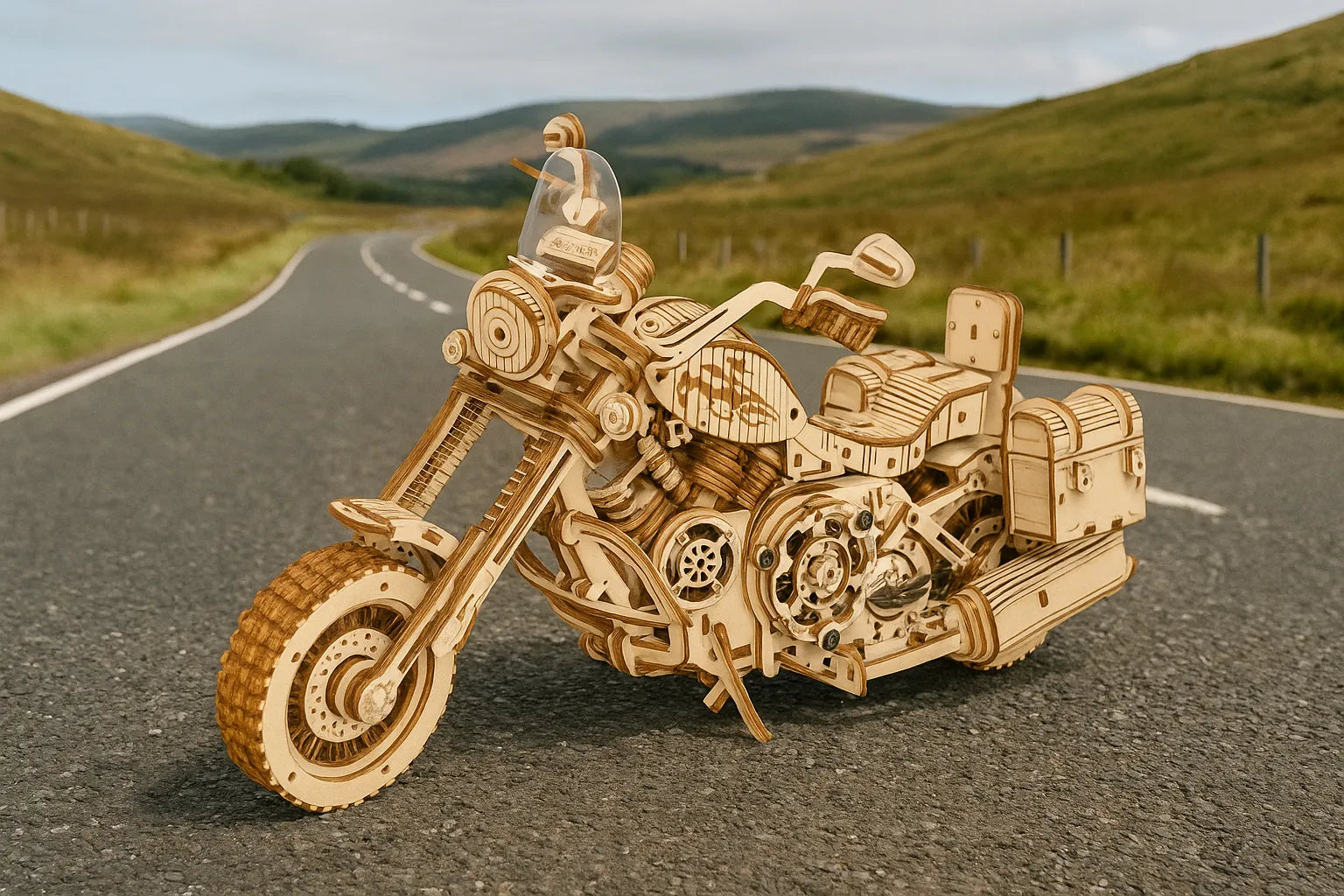 Maquette en bois d’une moto classique de type cruiser, dotée de nombreuses pièces mécaniques, posée sur une route de montagne.