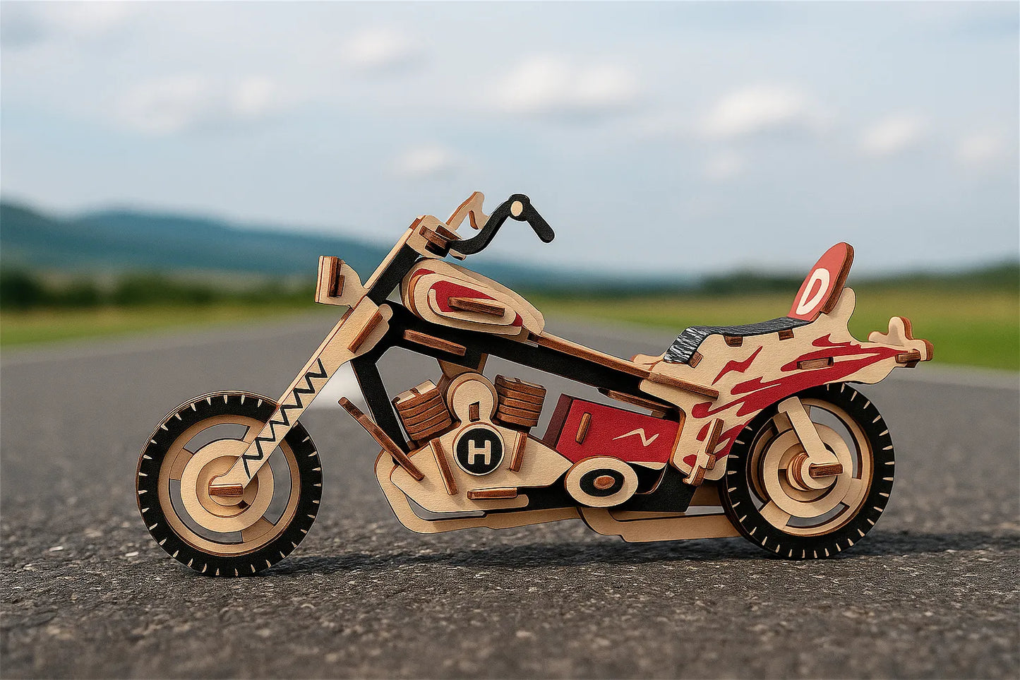 Maquette en bois d’une moto colorée rouge et noire posée sur une route de campagne.