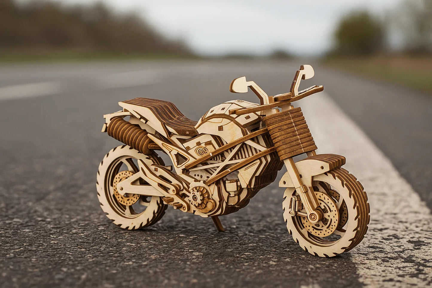 Maquette en bois d’une moto routière posée sur l’asphalte, avec un paysage de campagne en arrière-plan.