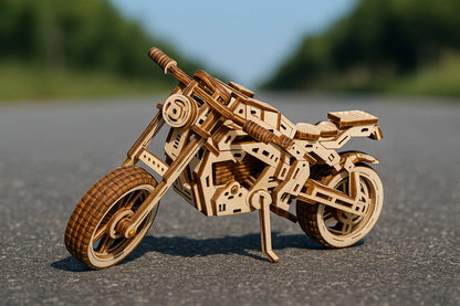 Maquette en bois d’une moto sportive, au design anguleux et mécanique, posée sur une route de campagne sous un ciel dégagé.