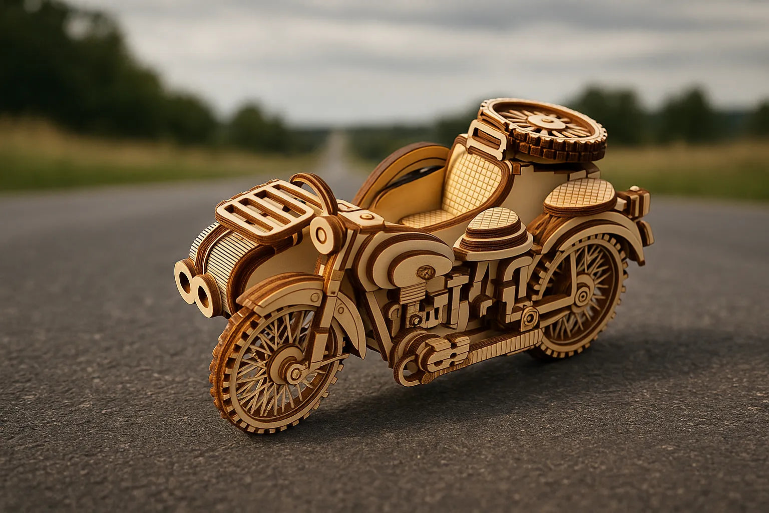Maquette en bois d’une moto vintage, riche en détails mécaniques et décoratifs, posée sur une route de campagne au ciel couvert.