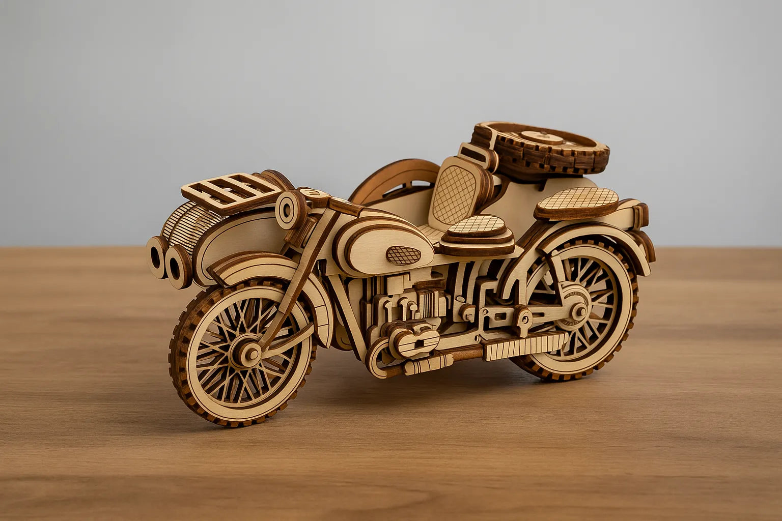 Maquette en bois d’une moto vintage, riche en détails mécaniques et décoratifs, posée sur une table en bois devant un mur gris clair.