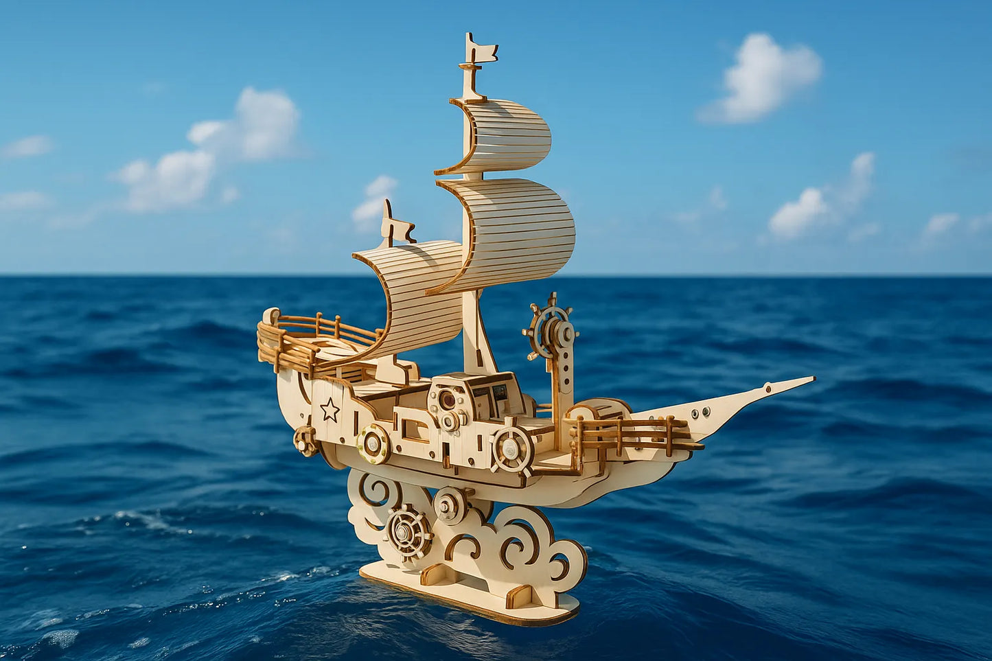 Maquette en bois d’un navire des vents stylisé, ornée de voiles courbées et de roues décoratives, flottant sur une mer calme sous un ciel bleu.