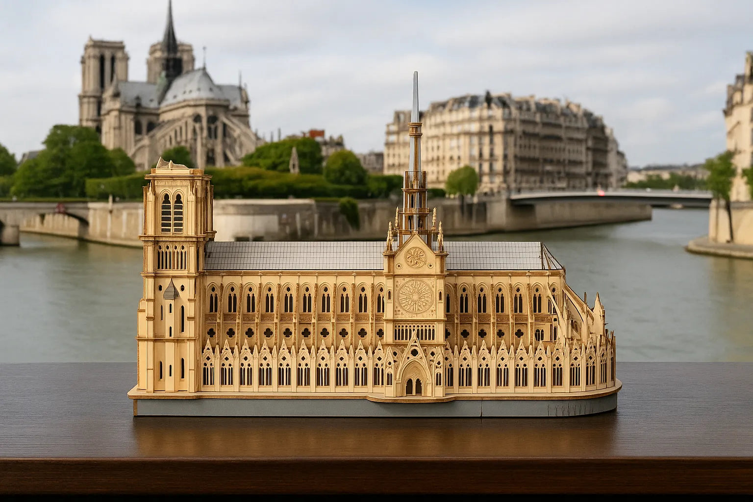 Maquette en bois de la cathédrale Notre-Dame de Paris posée sur une table au bord de la Seine, avec le véritable monument en arrière-plan.