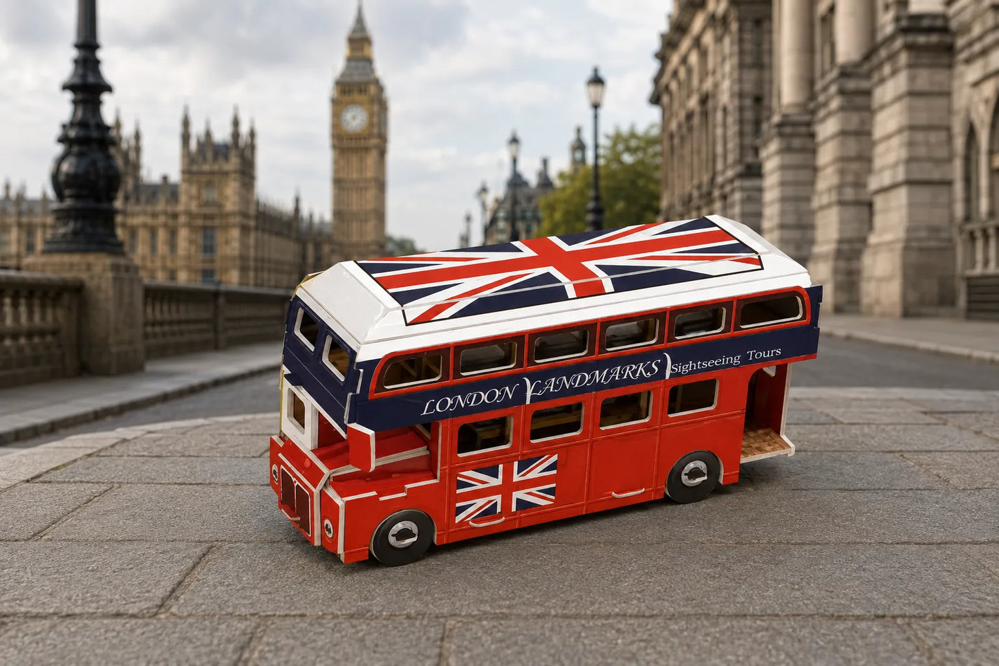 Maquette en bois - Petit bus londonien coloré