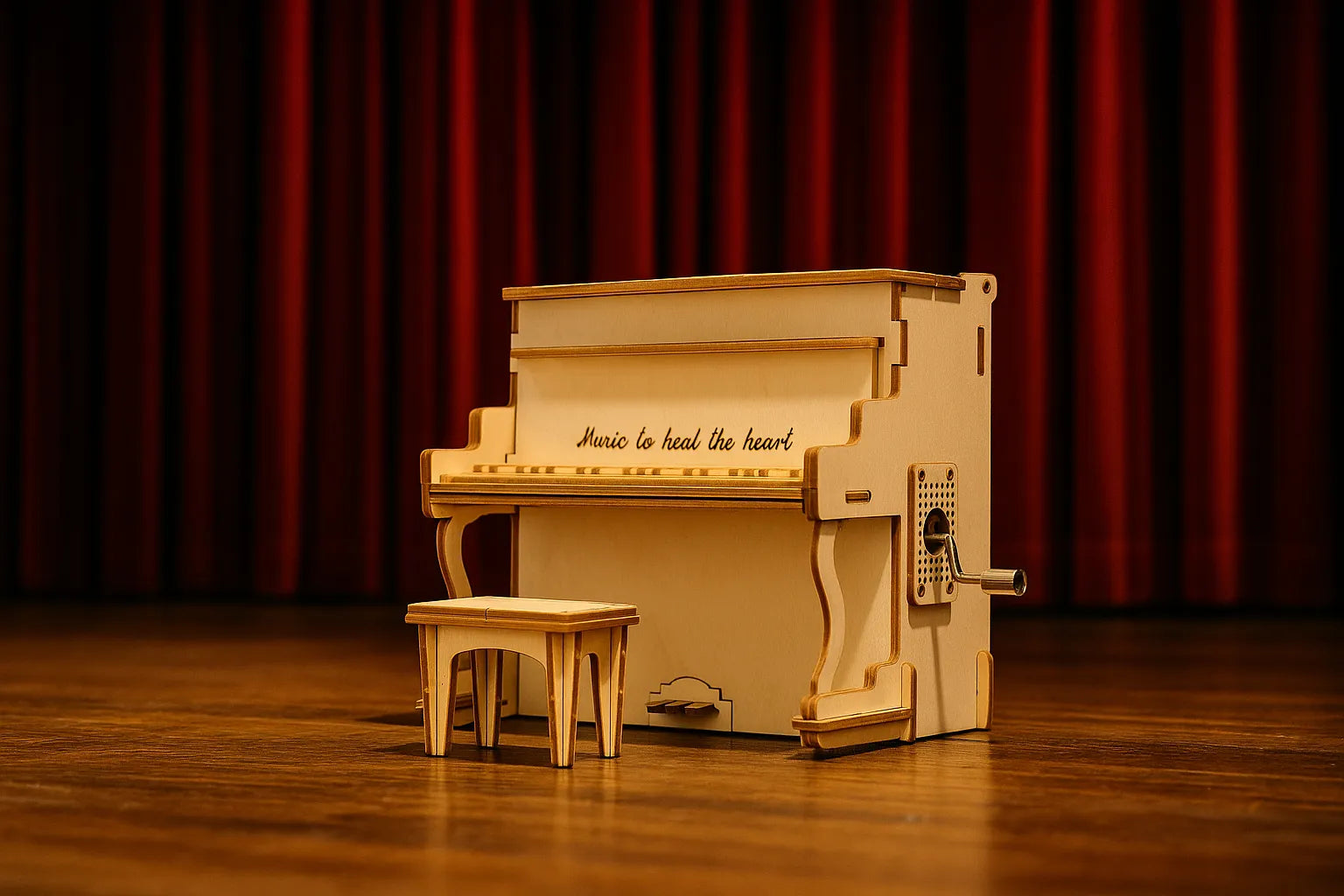 Maquette en bois d’un piano droit avec boîte à musique, posée sur une scène en bois devant un rideau rouge.