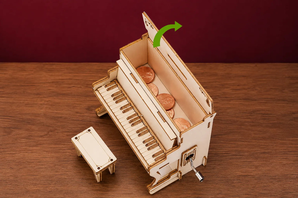 Maquette en bois - Piano droit avec tirelire et boîte à musique