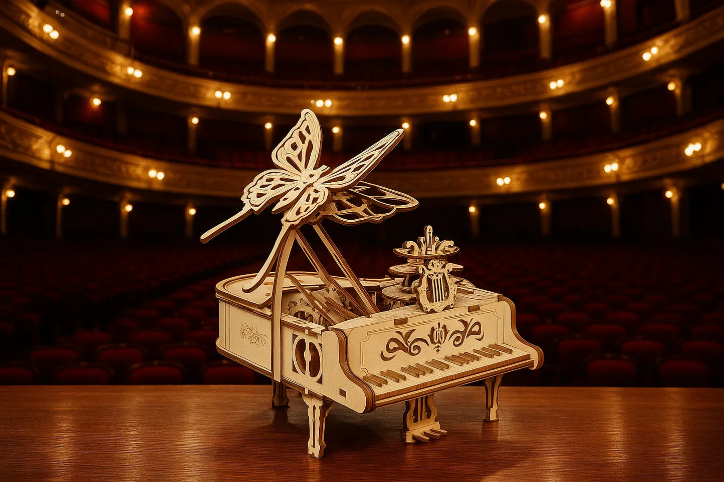 Maquette en bois d’un piano à queue orné d’un grand papillon déployé, exposée sur la scène d’un opéra sous des lumières dorées.