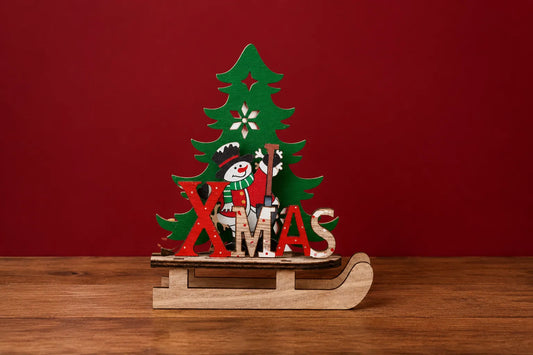 Maquette en bois - Sapin de Noël avec bonhomme de neige
