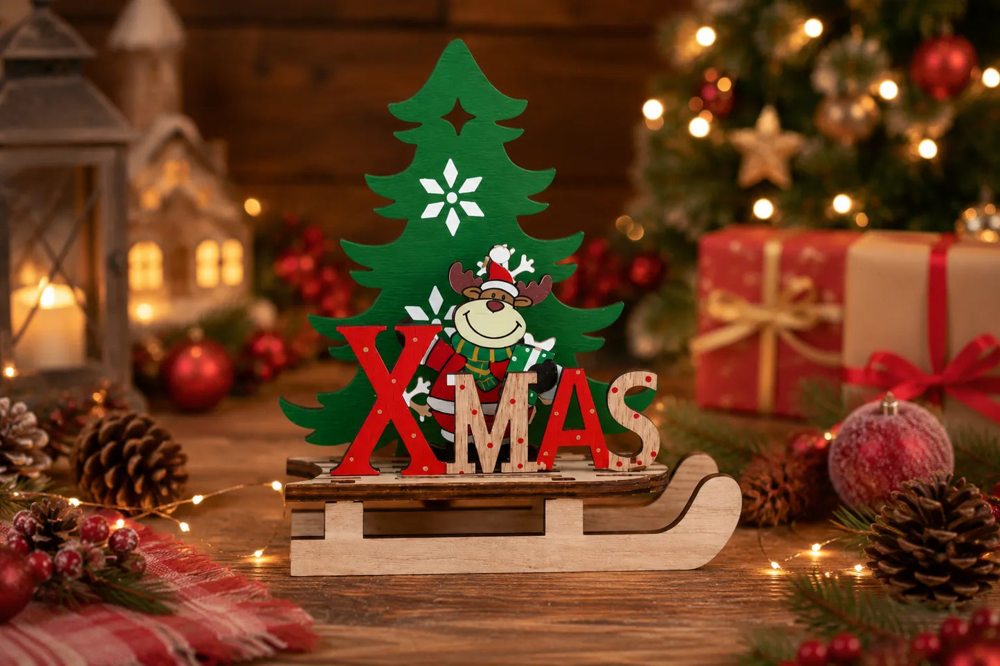 Maquette en bois - Sapin de Noël avec renne de Noël