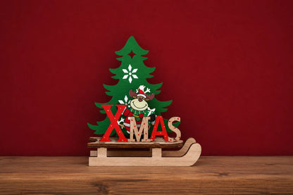 Maquette en bois - Sapin de Noël avec renne de Noël