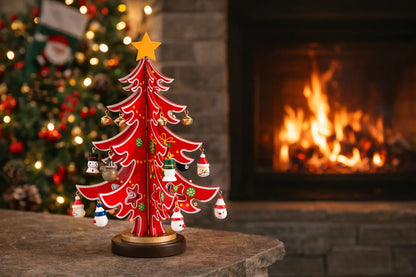 Maquette en bois - Sapin de Noël rouge 28cm