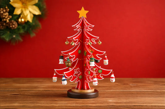 Maquette en bois - Sapin de Noël rouge 32cm