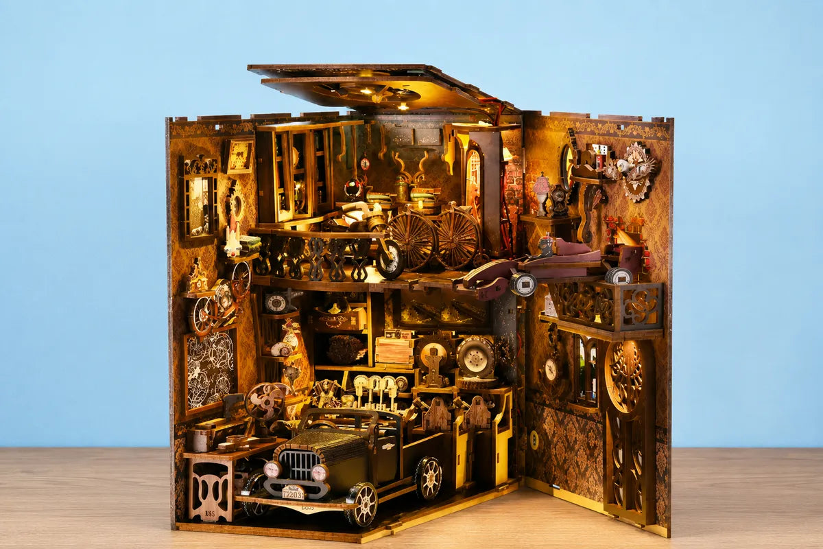 Maquette en bois - Serre-livres, garage vintage