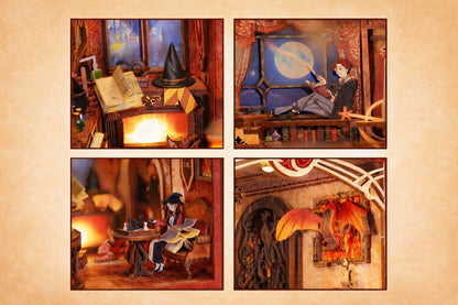 Maquette en bois - Serre-livres, sorcière au coin du feu